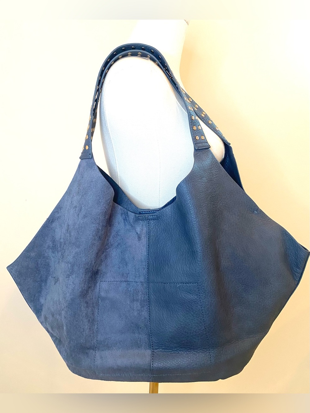 Shiraleah Blue Hobo Tote Bag with Studded Strap, Suede & Faux Leather - Picture 2 of 11